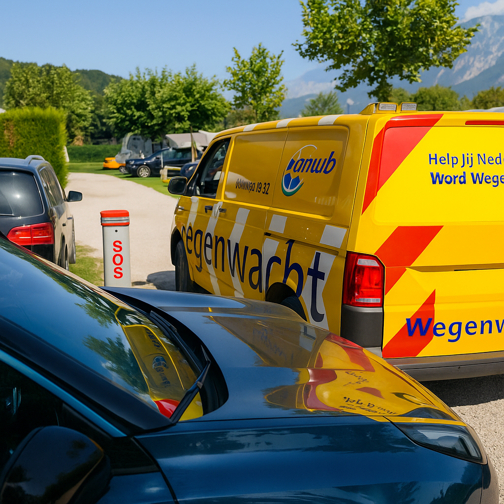 ANWB Wegenwacht helpt automobilist met pech op een camping in de bergen.