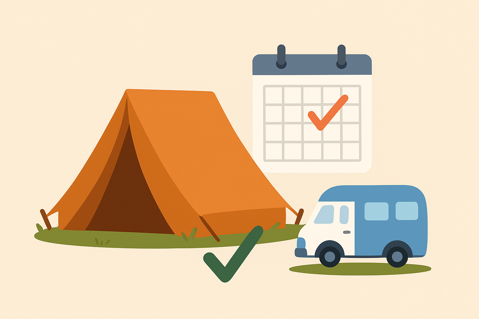 Illustratie van een kalender met tent en kampeeritems, symbool voor het vroeg boeken van een kampeervakantie