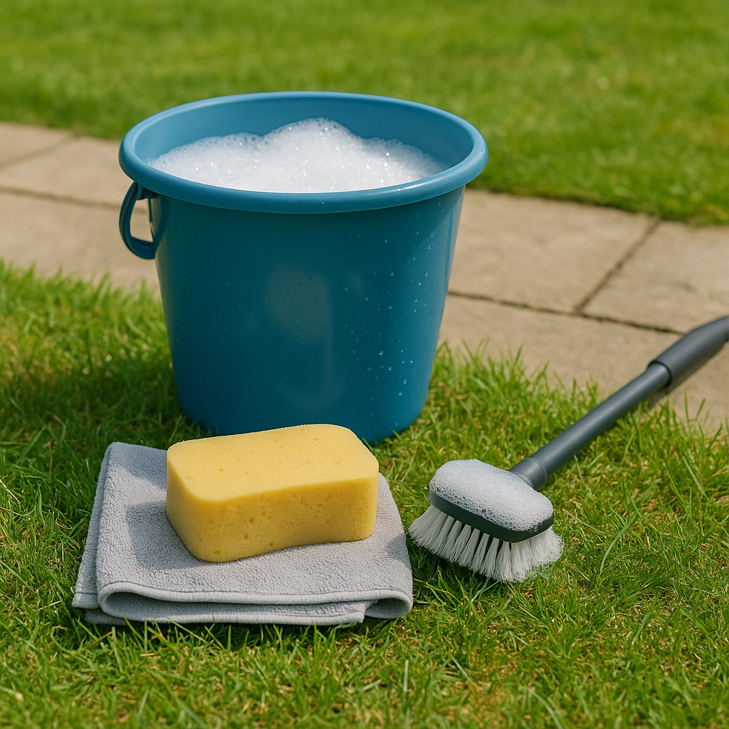 Blauwe emmer met sop, gele spons, grijze doek en borstel op het gras – klaar om de caravan schoon te maken.