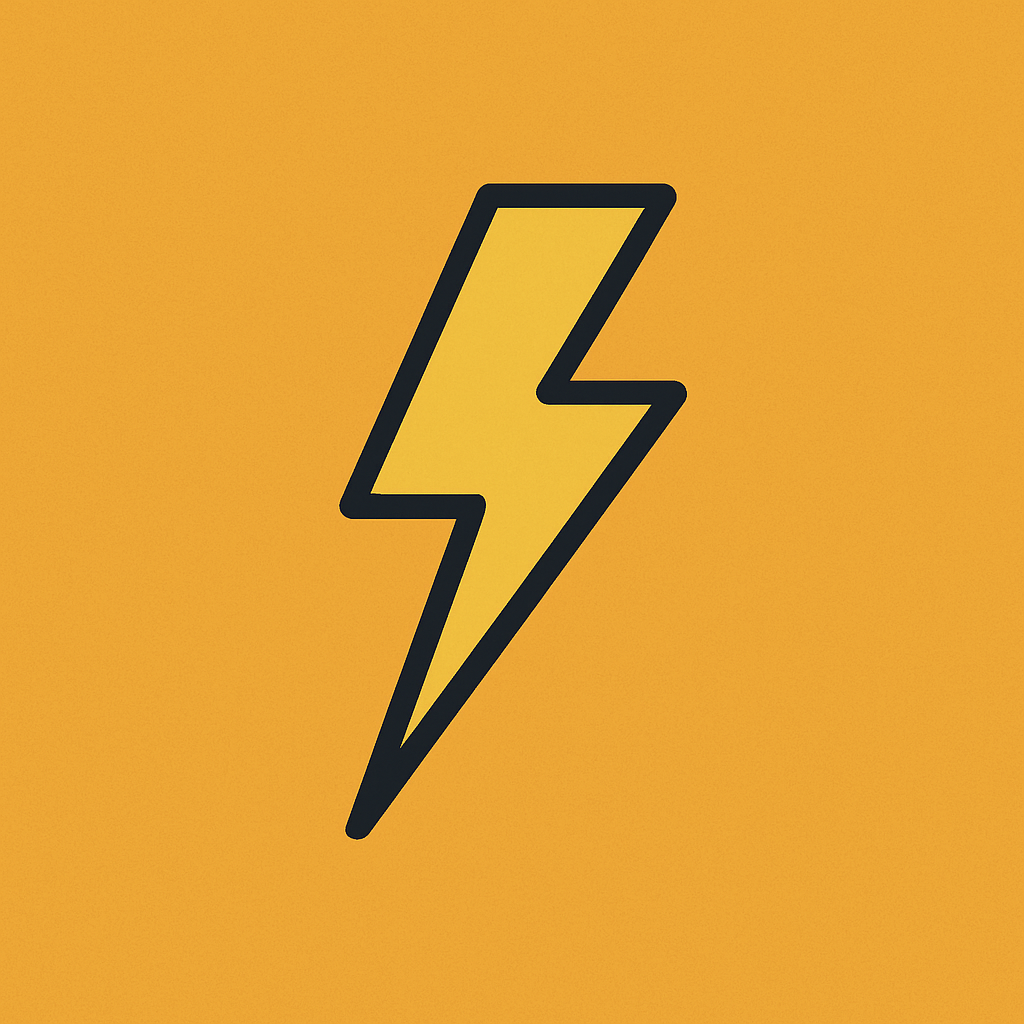 Illustratie van een gele bliksemschicht (stroom symbool) op een oranje achtergrond, symbool voor elektriciteit en ampère.