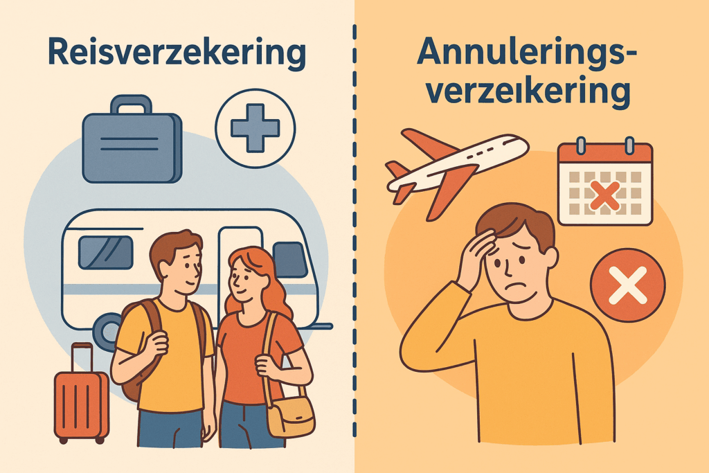 Illustratie van het verschil tussen reisverzekering en annuleringsverzekering met een caravan, koffer en kalender