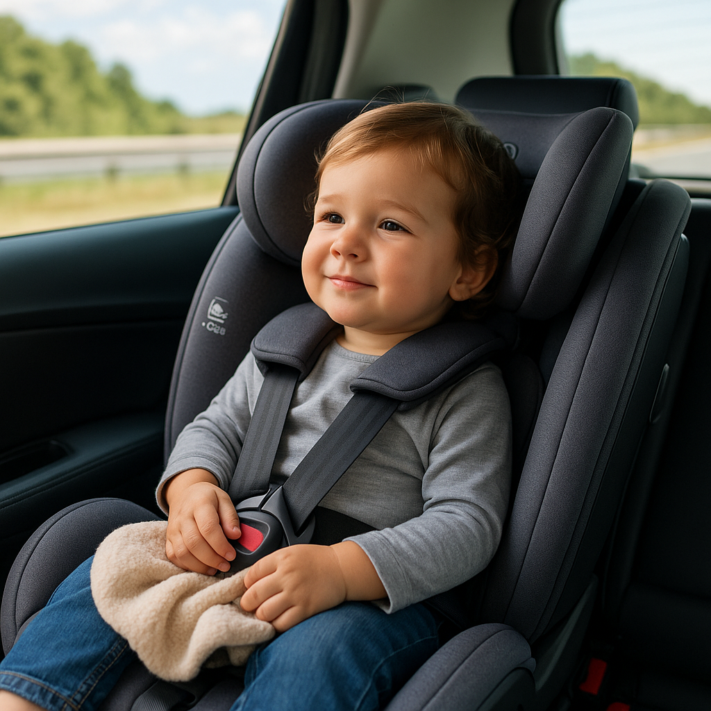 Peuter in i-Size autostoeltje met ISOFIX, veilig onderweg op vakantie