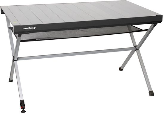 Brunner Titanium Axia 4 campingtafel met aluminium blad, stevig frame en handig opbergnet onder het tafelblad.