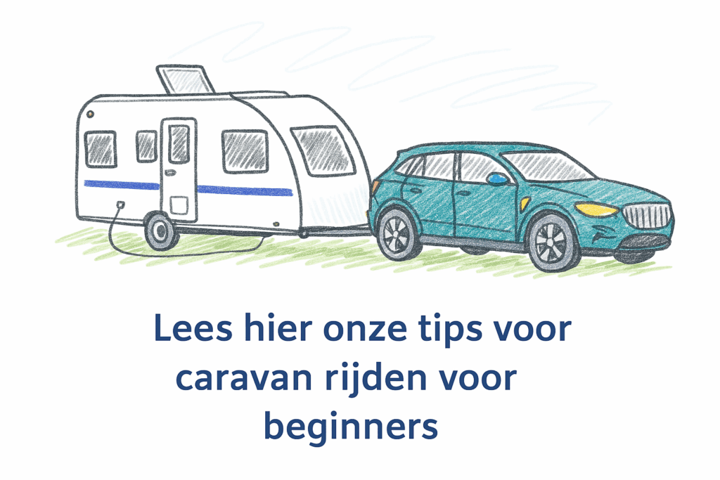 Illustratie van auto met caravan en tekst ‘Lees hier onze tips voor caravan rijden voor beginners’