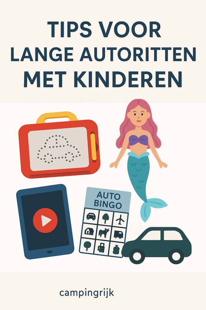 Tips voor lange autoritten met kinderen – speelgoed en spelletjes zoals een magnetisch tekenbord, Barbie zeemeermin, tablet en auto bingo.