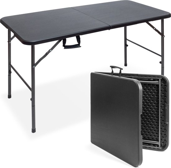 LifeGoods inklapbare campingtafel in zwart, met draaghandvat en compact opvouwbaar ontwerp.