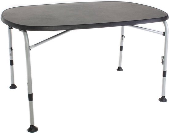Westfield Performance Superb 130 inklapbare campingtafel met zwarte tafelblad en verstelbare poten.