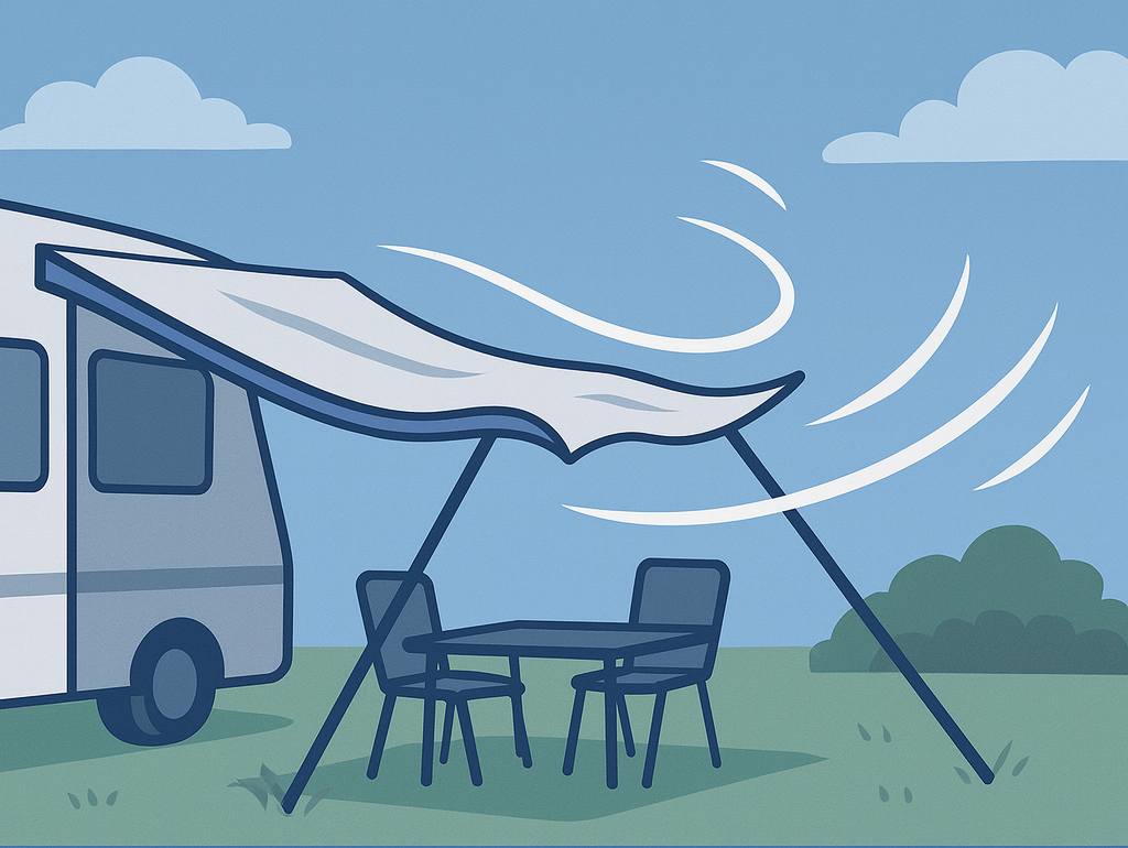 Illustratie van een caravan met luifel die beweegt in de wind op een camping – symbool voor de oplossing van Peggy Peg tegen klapperende luifels.