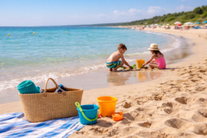 Kinderen spelen in het zand op een rustig strand met helderblauw water