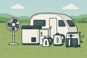 Illustratie van een caravan op een camping, met energiezuinige campingapparaten zoals een ventilator, koelbox, koelkast, waterkokers en airfryer.
