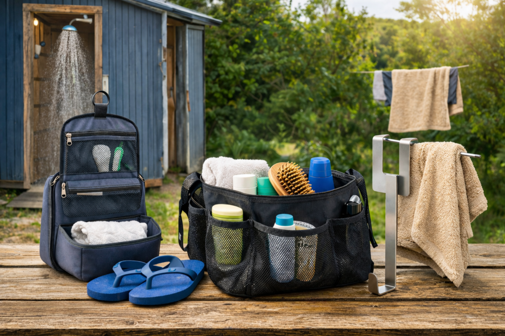 Douchen op de camping met toilettas, slippers en handdoek bij sanitair gebouw