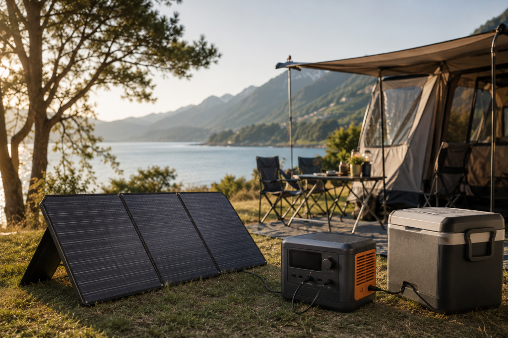 zonnepaneel met powerstation op de camping bij tent en koelbox